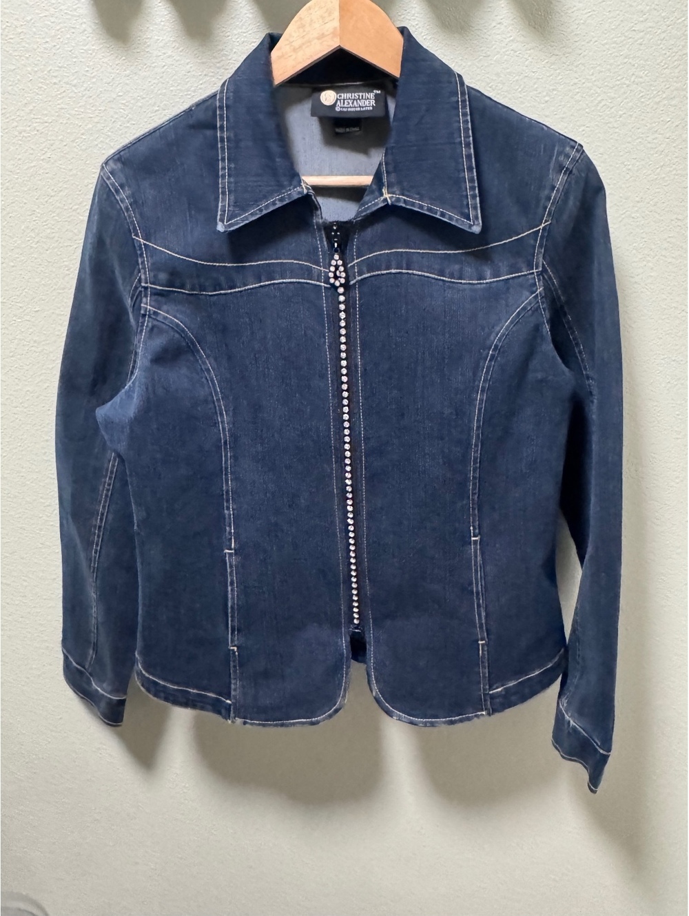 Christine Alexander Denim Jacket Rhinestone Crystal Zip Dark Wash Y2K Western